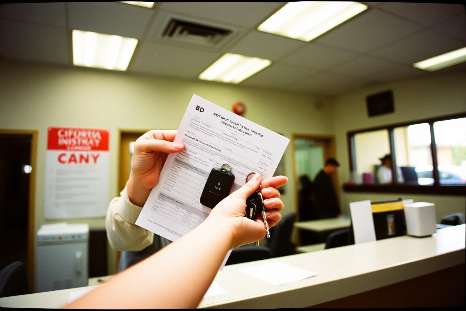 Person holding registration paperwork and car keys at a California DMV counter under fluorescent light