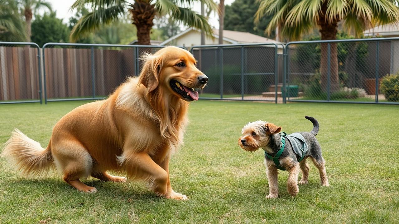 A golden retriever and a small terrier playing on grass inside a fenced San Diego dog park with palm trees