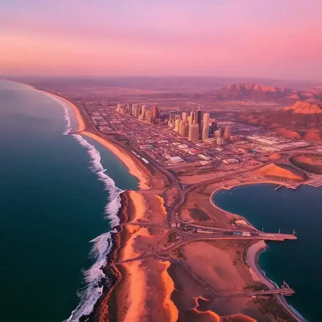 Aerial view of the San Diego coastline showing downtown skyline, coastal fault-line geology, and mountains