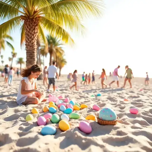 Pastel Easter eggs and a child's Easter basket on a sunny San Diego beach with palm trees