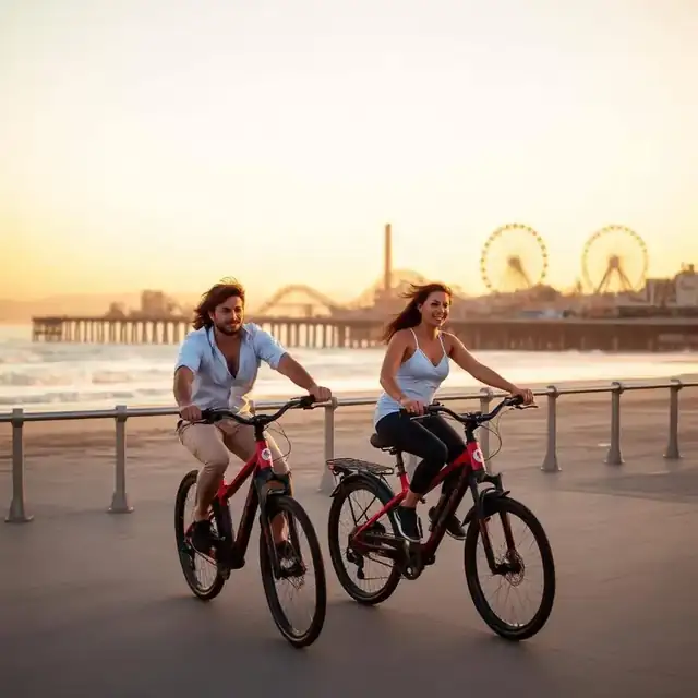 Couple on e-bikes riding the Mission Beach boardwalk at sunset with the roller coaster in the background