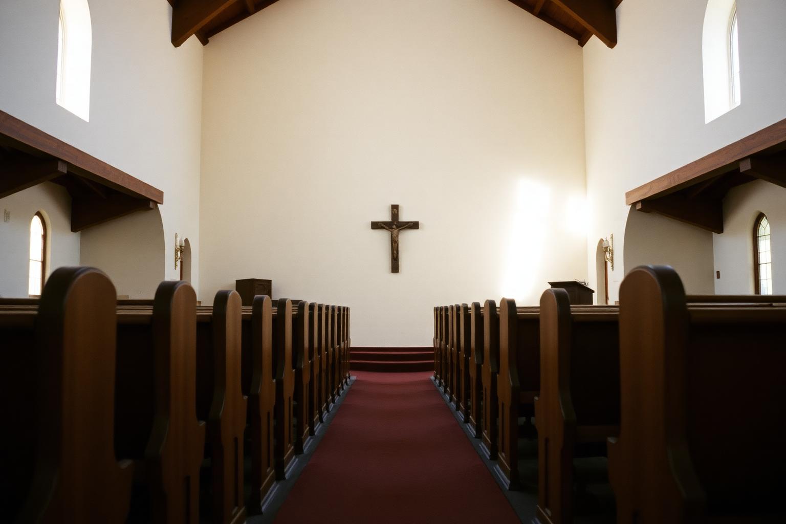 Quiet mission-style church interior in San Diego with wooden pews and light through arched windows