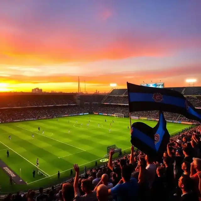 San Diego FC fans waving blue and black flags at Snapdragon Stadium during an MLS match at sunset