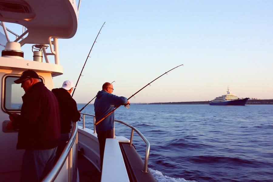 Anglers with rods along the rail of a sportfishing charter boat leaving a San Diego harbor at dawn