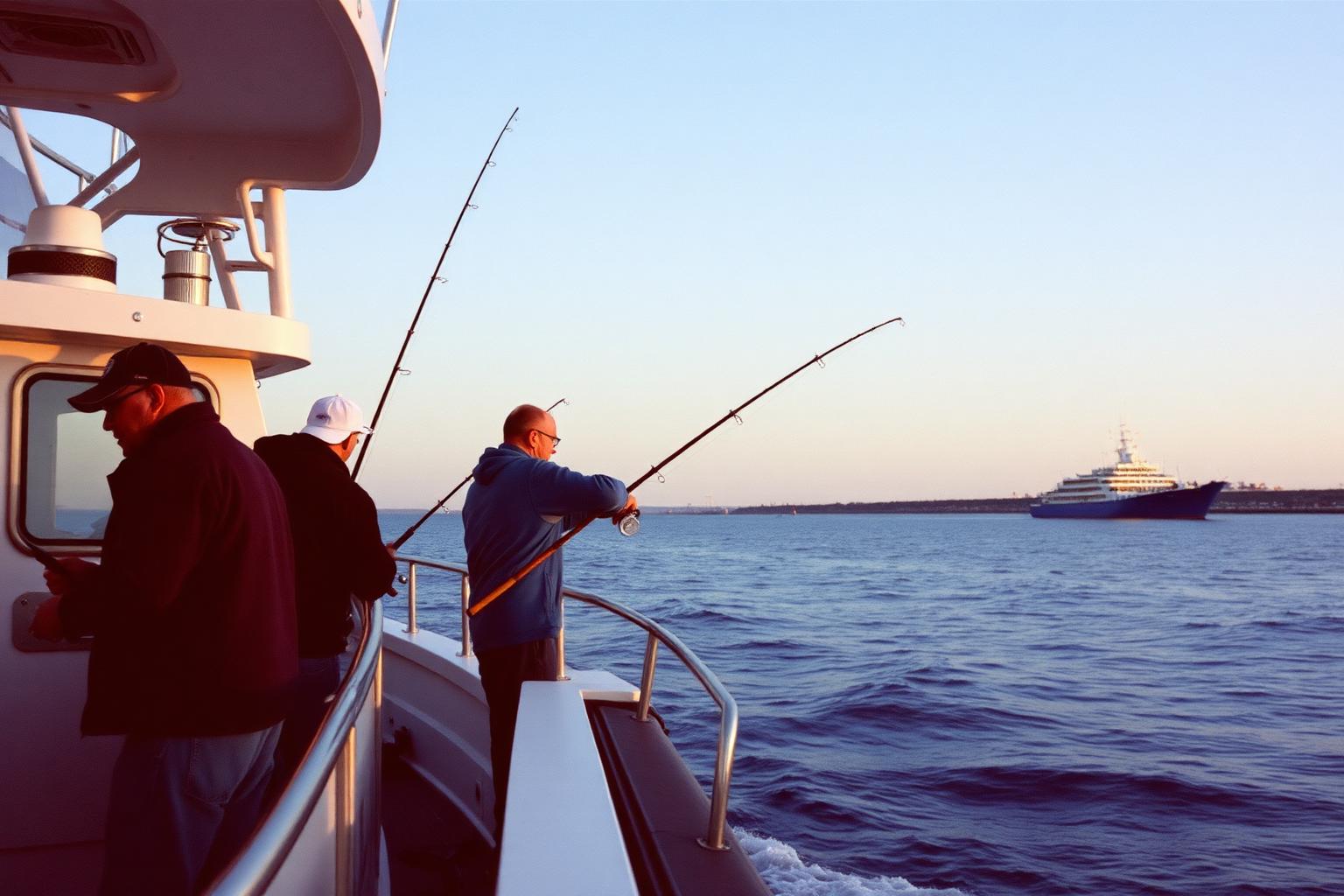 Anglers with rods along the rail of a sportfishing charter boat leaving a San Diego harbor at dawn