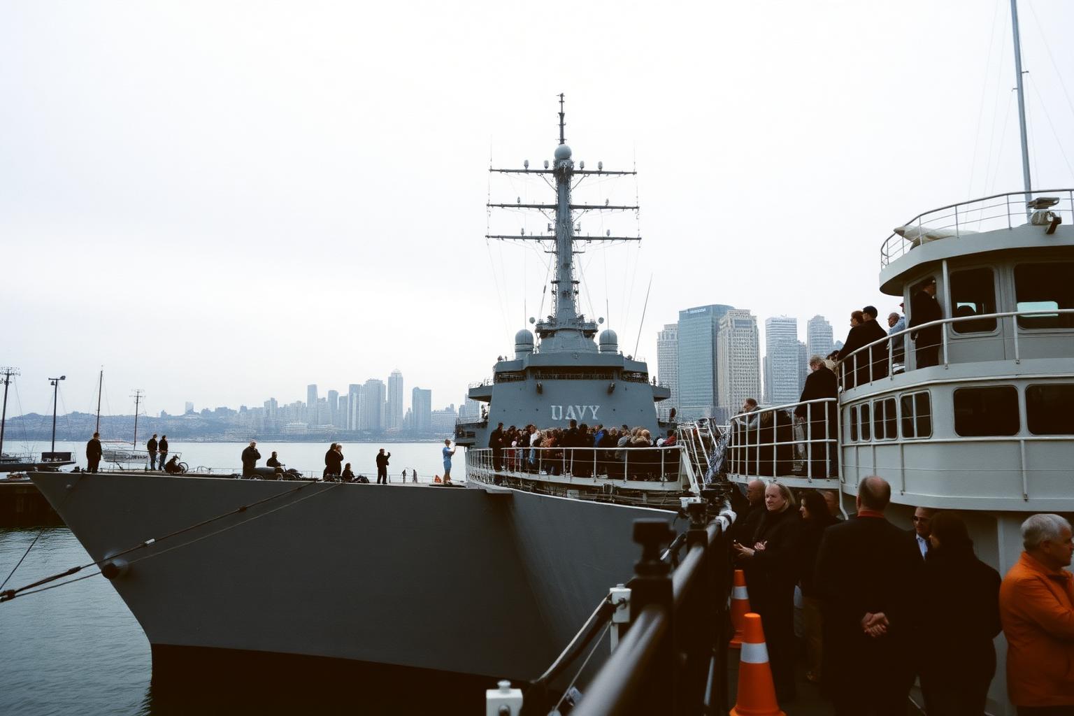 Visitors touring a US Navy ship docked at a downtown San Diego pier with the skyline behind