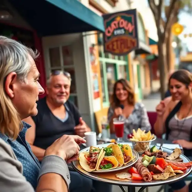 Food tour group tasting tacos and charcuterie at a Little Italy outdoor cafe in San Diego
