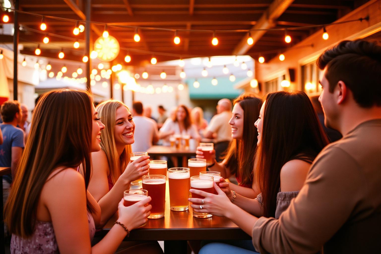 Group of friends in their late twenties laughing over beers on a string-lit brewery patio at golden hour