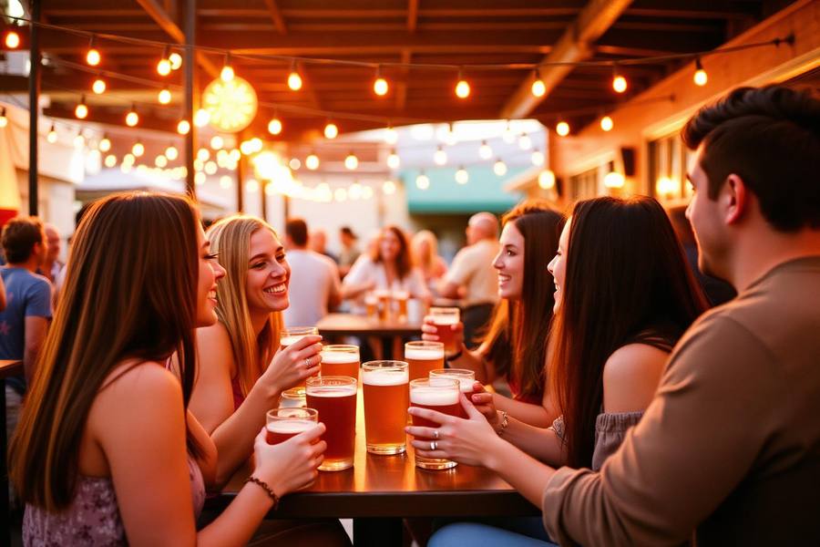 Group of friends in their late twenties laughing over beers on a string-lit brewery patio at golden hour