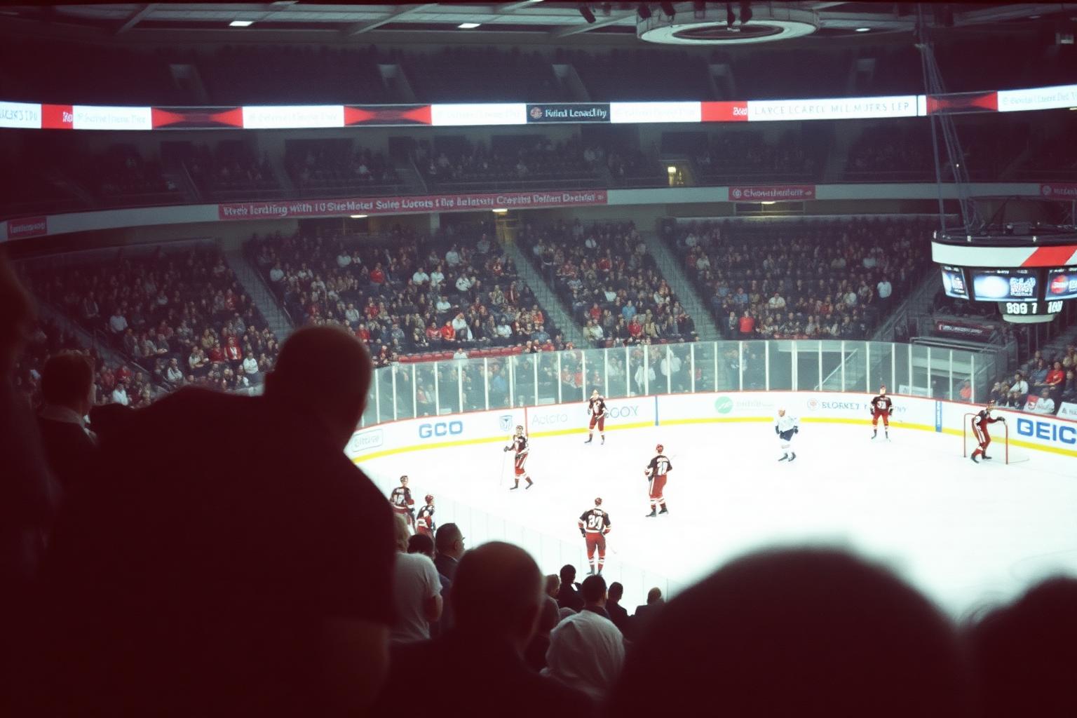 American Hockey League game in progress in a mid-size arena with a crowd along the boards