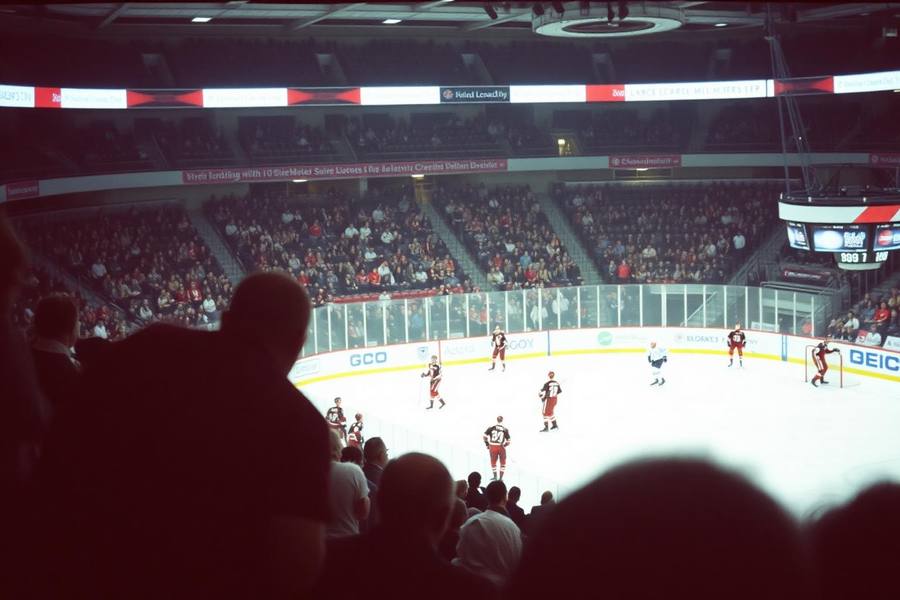 American Hockey League game in progress in a mid-size arena with a crowd along the boards