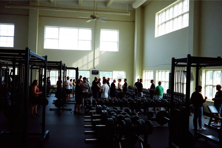 Interior of a busy San Diego gym with dumbbell racks and members training in natural light