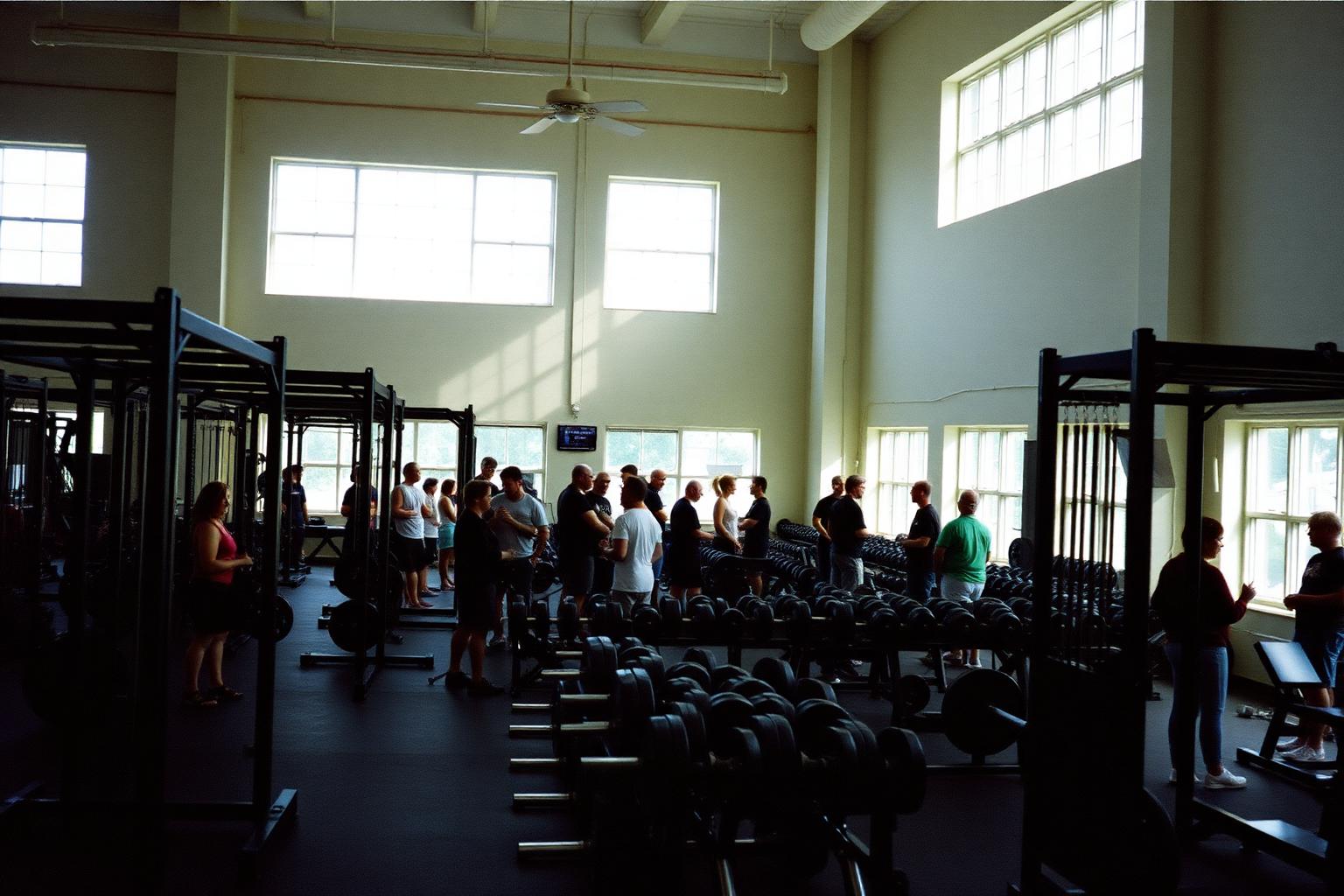 Interior of a busy San Diego gym with dumbbell racks and members training in natural light