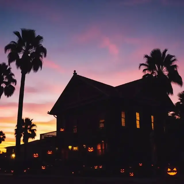 Silhouette of a Victorian house at dusk with jack-o-lanterns and palm trees under a purple and orange San Diego sky