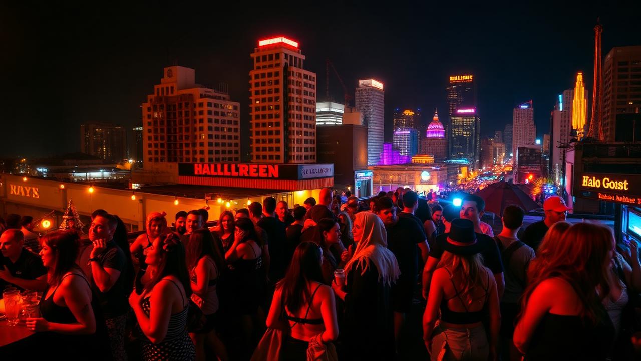 Adults in creative Halloween costumes at a lively rooftop bar in San Diego Gaslamp Quarter at night with city lights