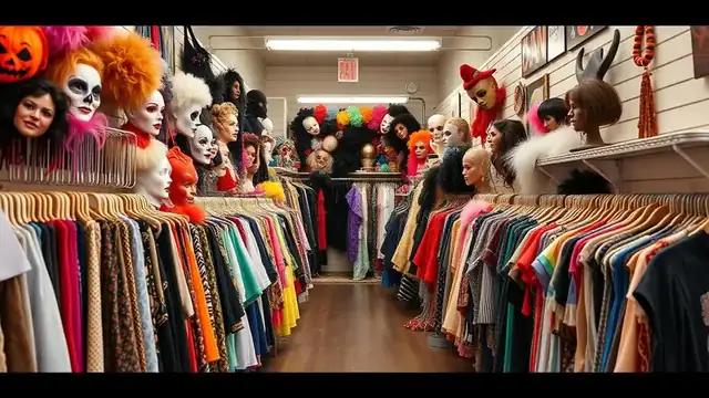 Colorful vintage clothing and costume shop interior with racks of costumes, wigs, masks, and accessories in San Diego