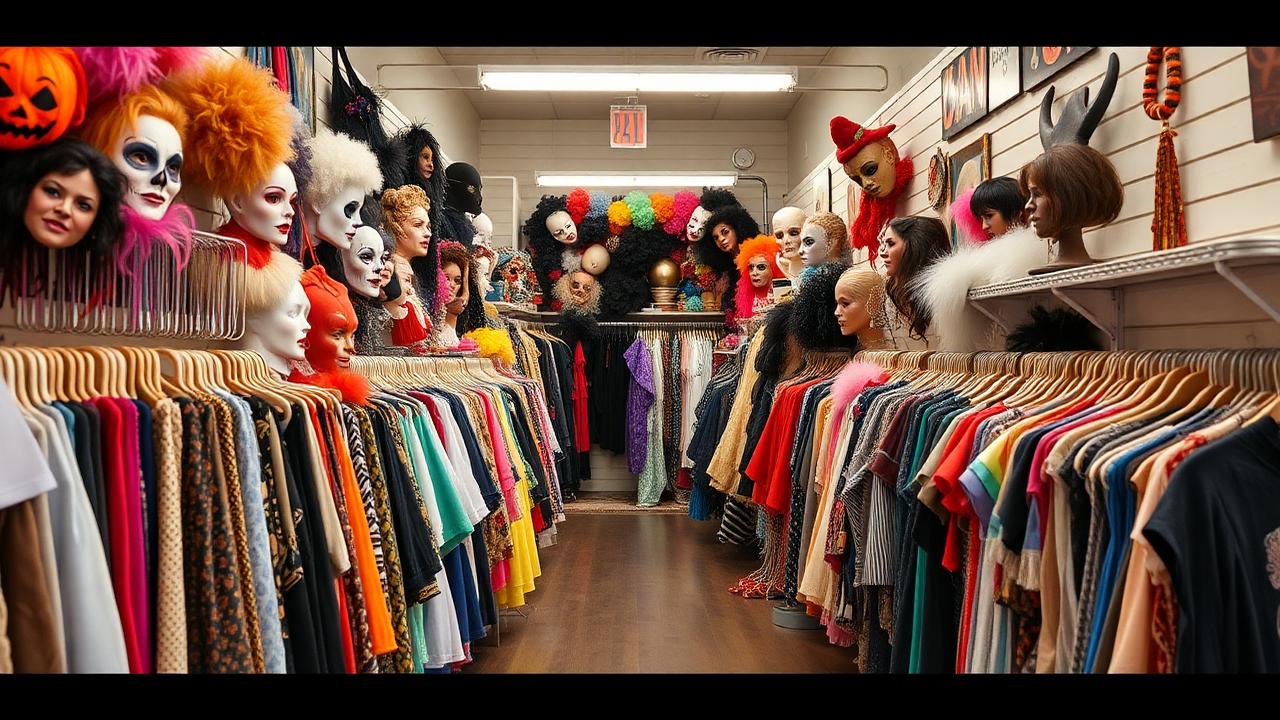 Colorful vintage clothing and costume shop interior with racks of costumes, wigs, masks, and accessories in San Diego
