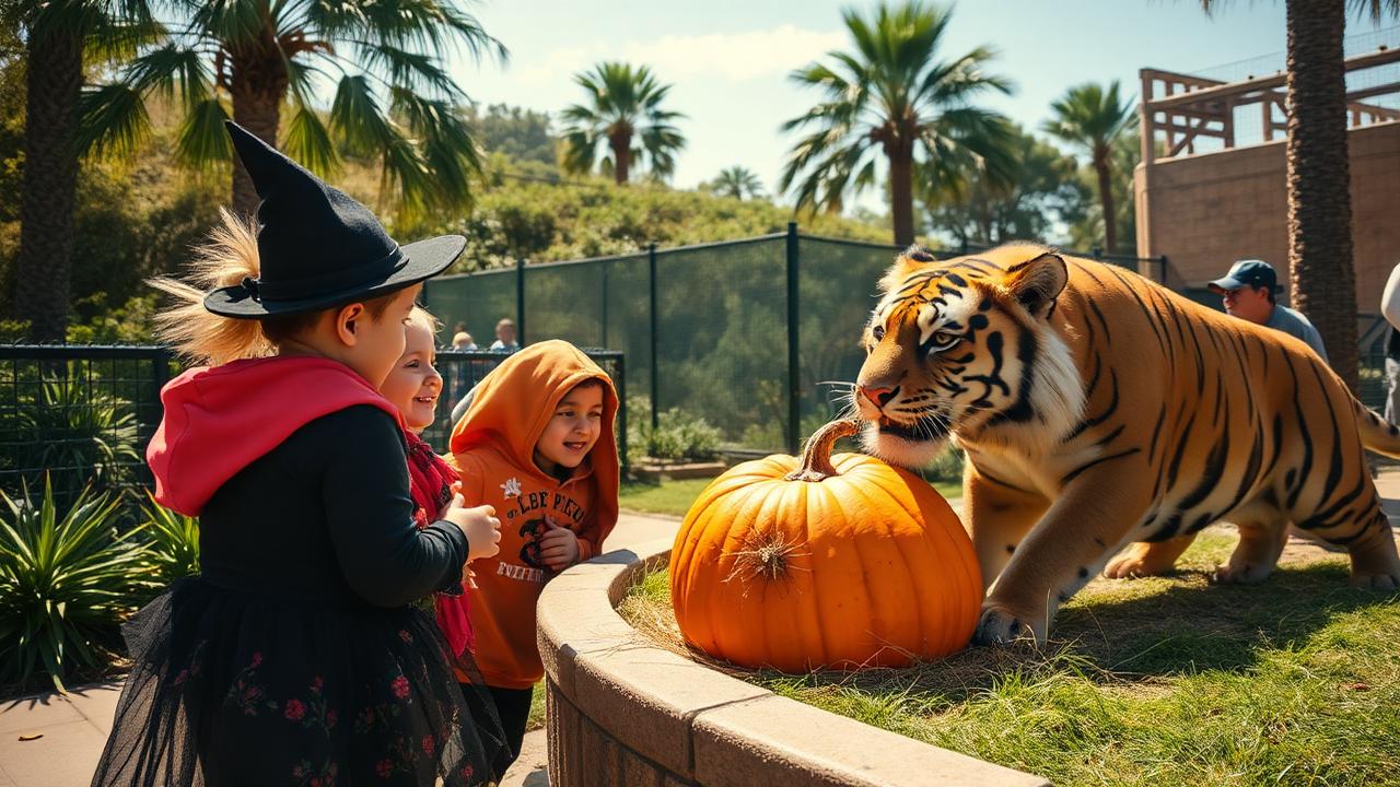 Young children in Halloween costumes watching a tiger interact with a pumpkin enrichment at the San Diego Zoo