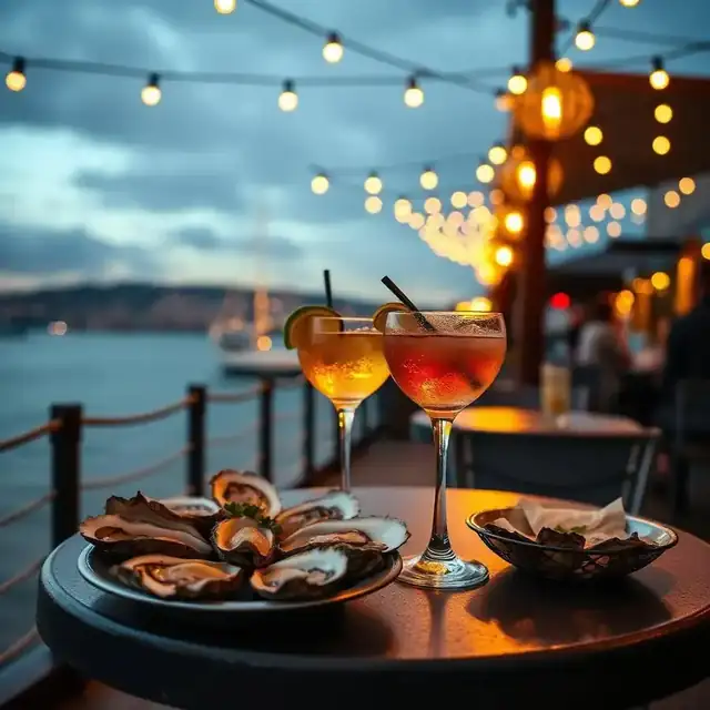 San Diego happy hour scene with oysters and cocktails on a waterfront patio at golden hour