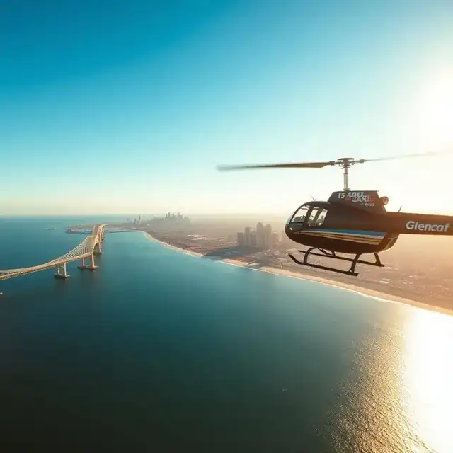 Helicopter flying over the Coronado Bridge and San Diego skyline at golden hour