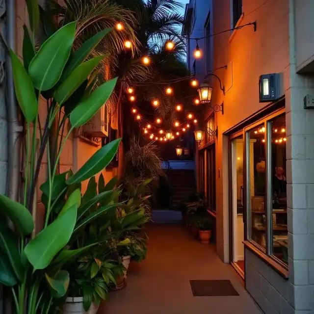 Hidden San Diego alley with string lights and tropical plants at dusk