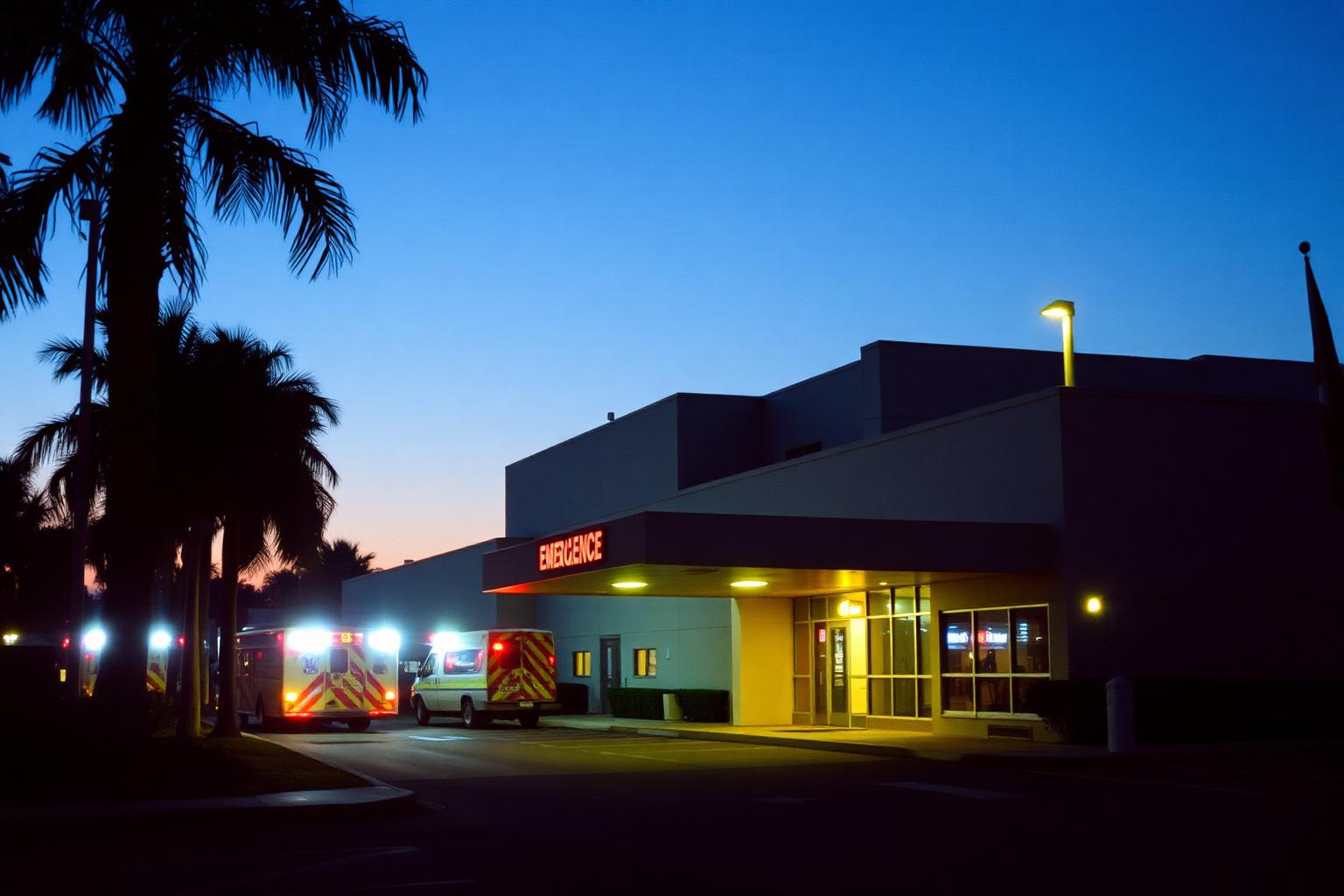 Emergency entrance of a Southern California hospital at dusk with ambulances parked under the canopy