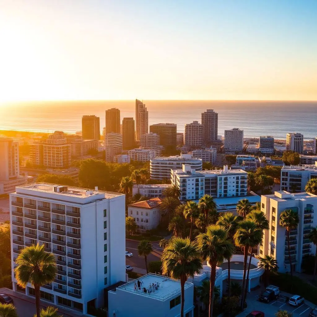 Hotel entrance and parking area in San Diego with palm trees at golden hour