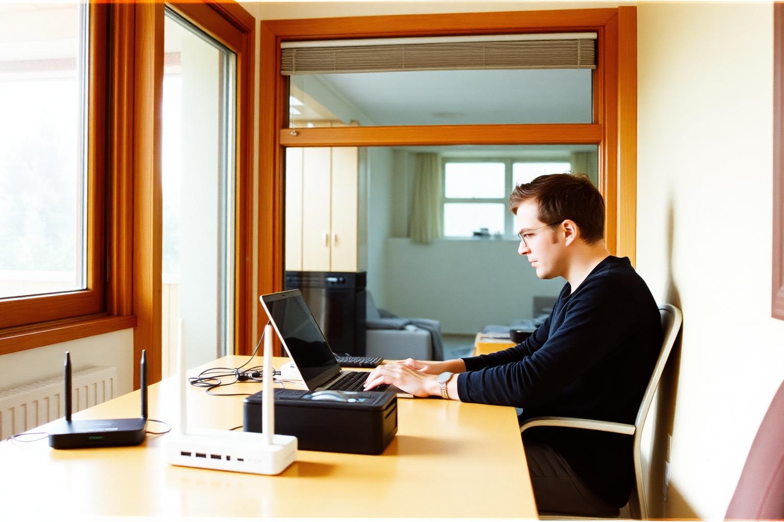 Person working at a laptop beside a wifi router at a sunlit desk in a San Diego apartment