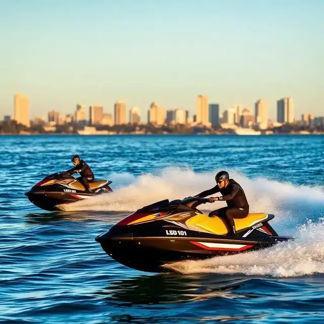 Two jet skis racing across Mission Bay in San Diego with the downtown skyline in the background