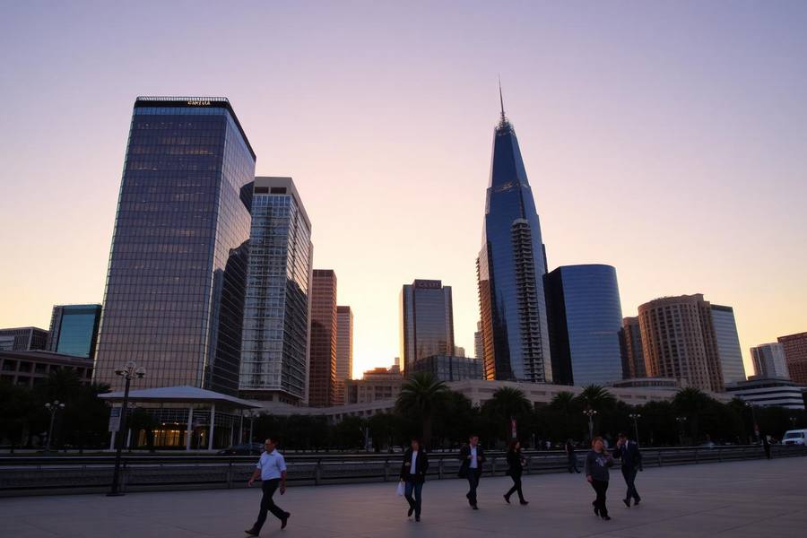 Downtown San Diego office towers at golden hour with commuters walking along the waterfront