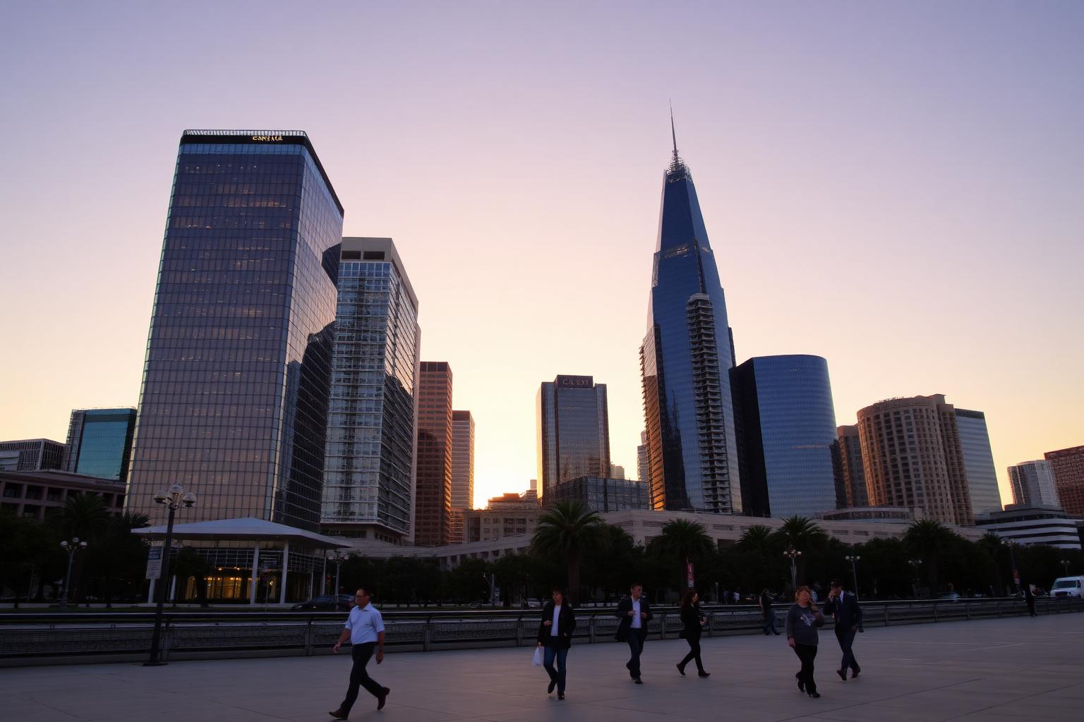 Downtown San Diego office towers at golden hour with commuters walking along the waterfront