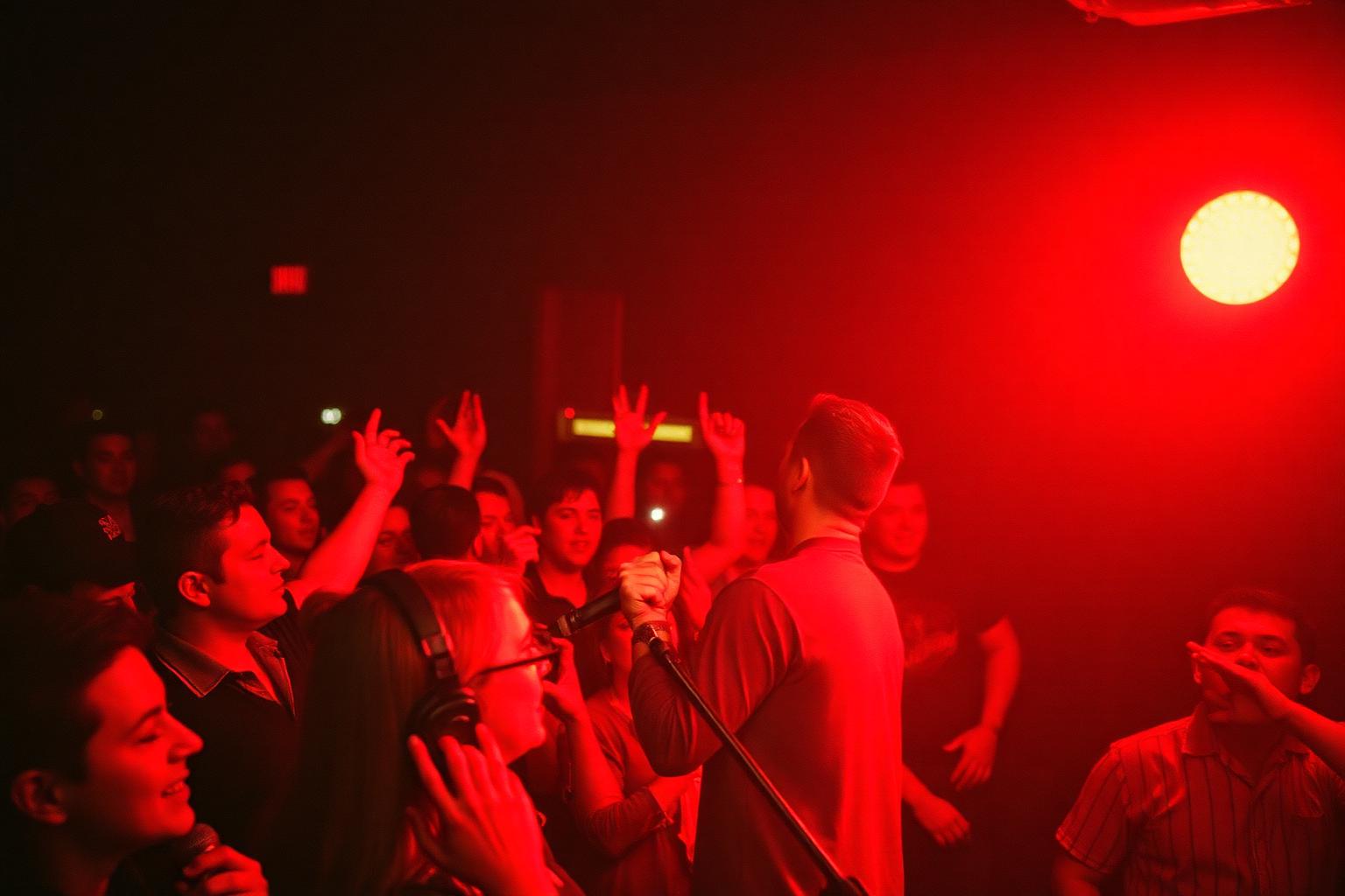 Crowded dive bar karaoke night with a singer under a red stage light and a cheering crowd