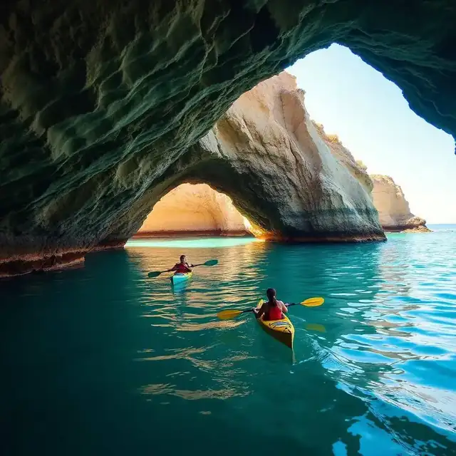 Kayakers paddling into the La Jolla sea caves with turquoise water and sandstone cliffs
