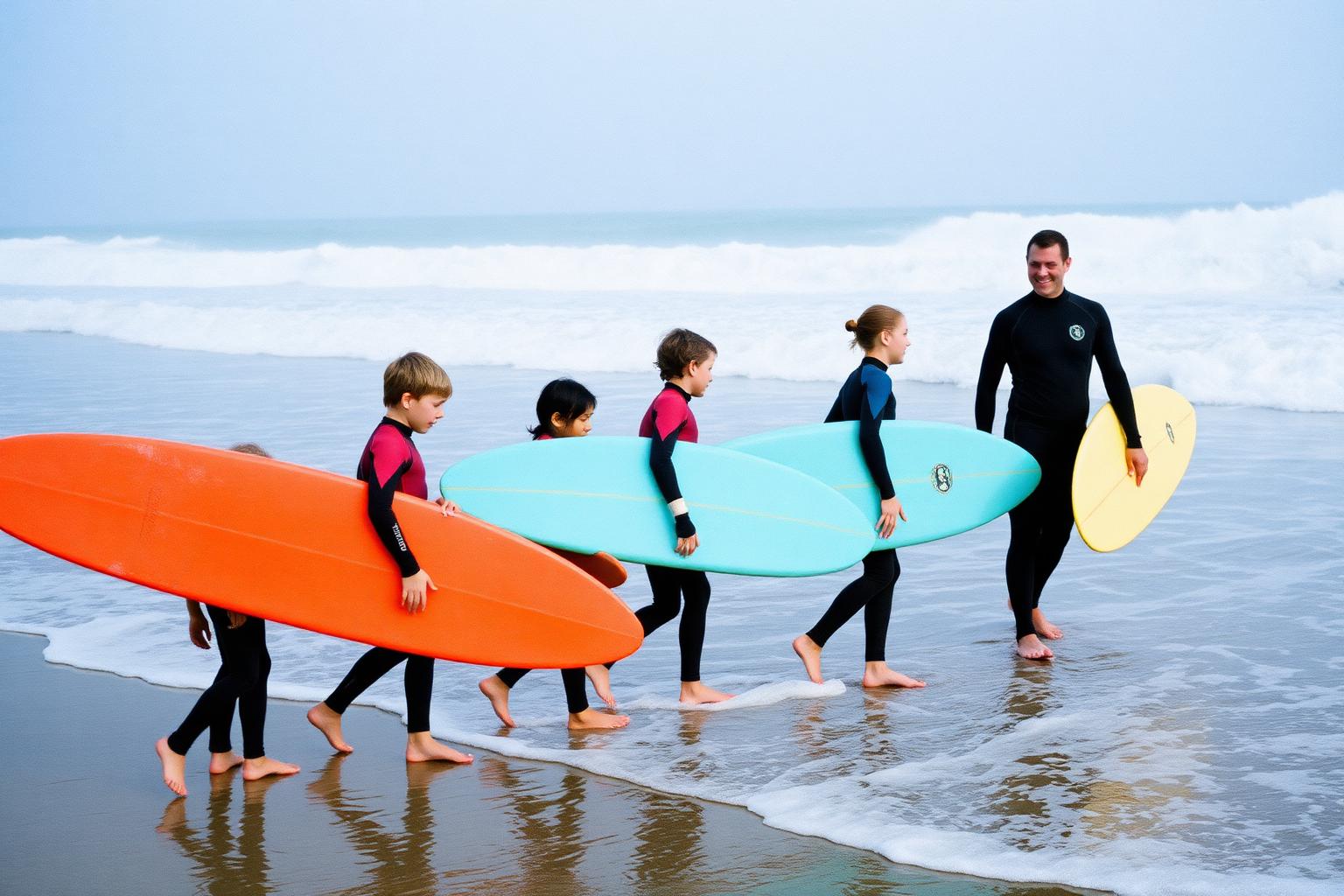 Children in wetsuits carrying soft-top surfboards into the shore break during a San Diego surf lesson