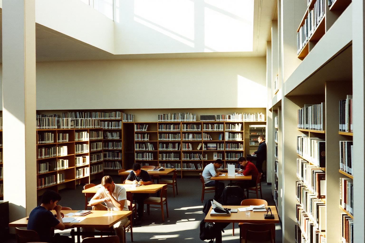 Sunlit public library interior in San Diego with bookshelves and people reading at tables