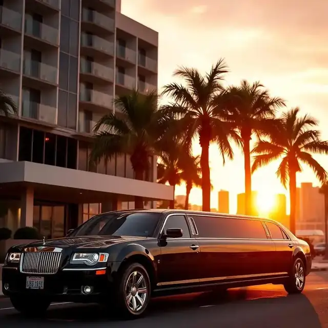 Black stretch limousine parked outside luxury San Diego hotel at sunset with palm trees and skyline
