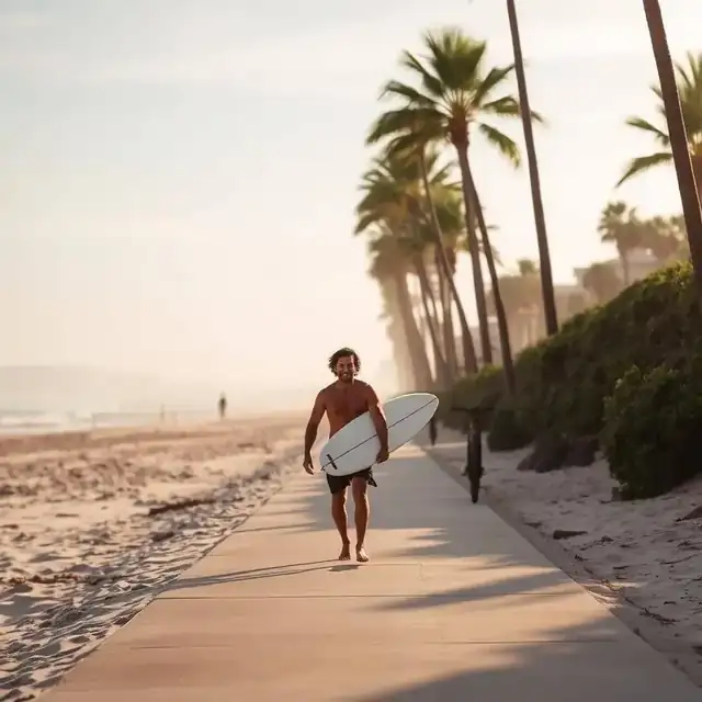 San Diego surfer walking along a palm-lined beach boardwalk at sunrise