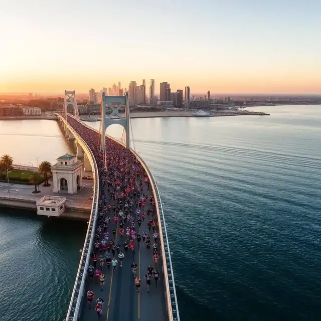 Marathon runners crossing the Coronado Bridge at sunrise with the San Diego bay and downtown skyline behind them
