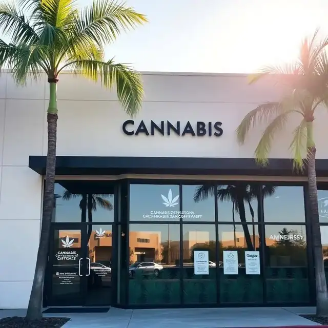 Exterior of a licensed San Diego cannabis dispensary with palm trees on a sunny afternoon