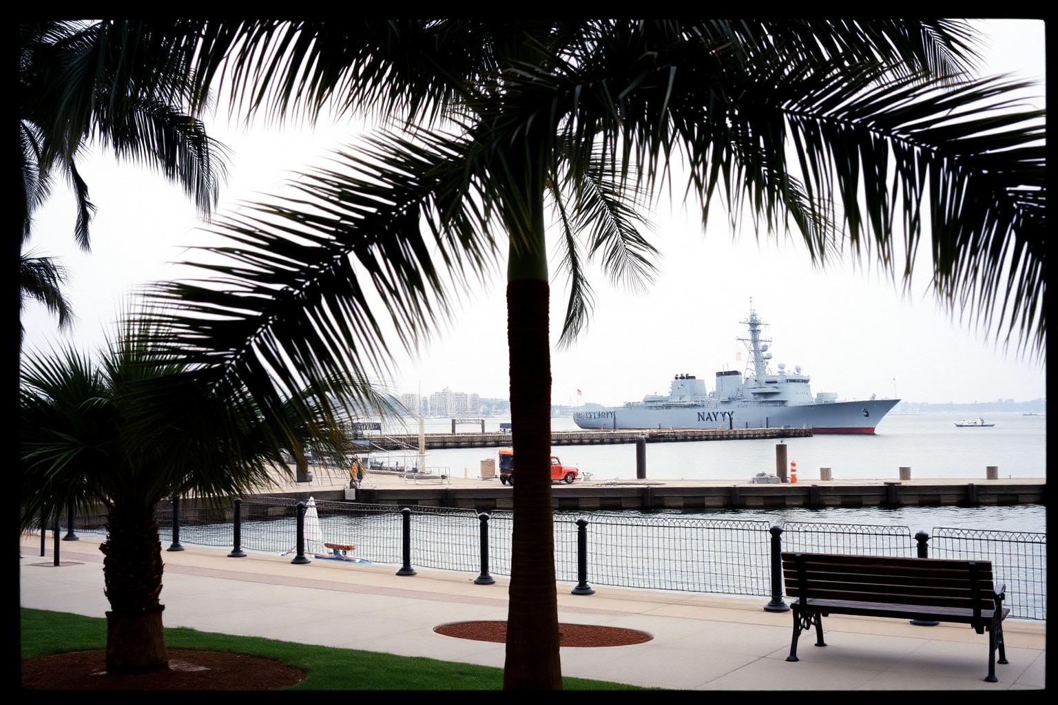 Navy sailor in uniform with family walking along the San Diego waterfront