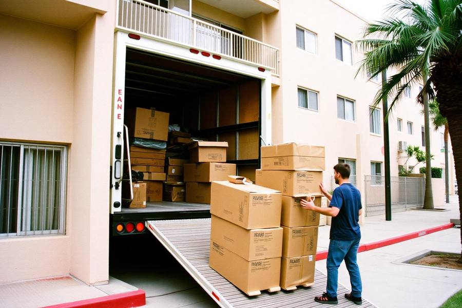 Moving truck ramp and stacked cardboard boxes outside a stucco San Diego apartment building with palm trees