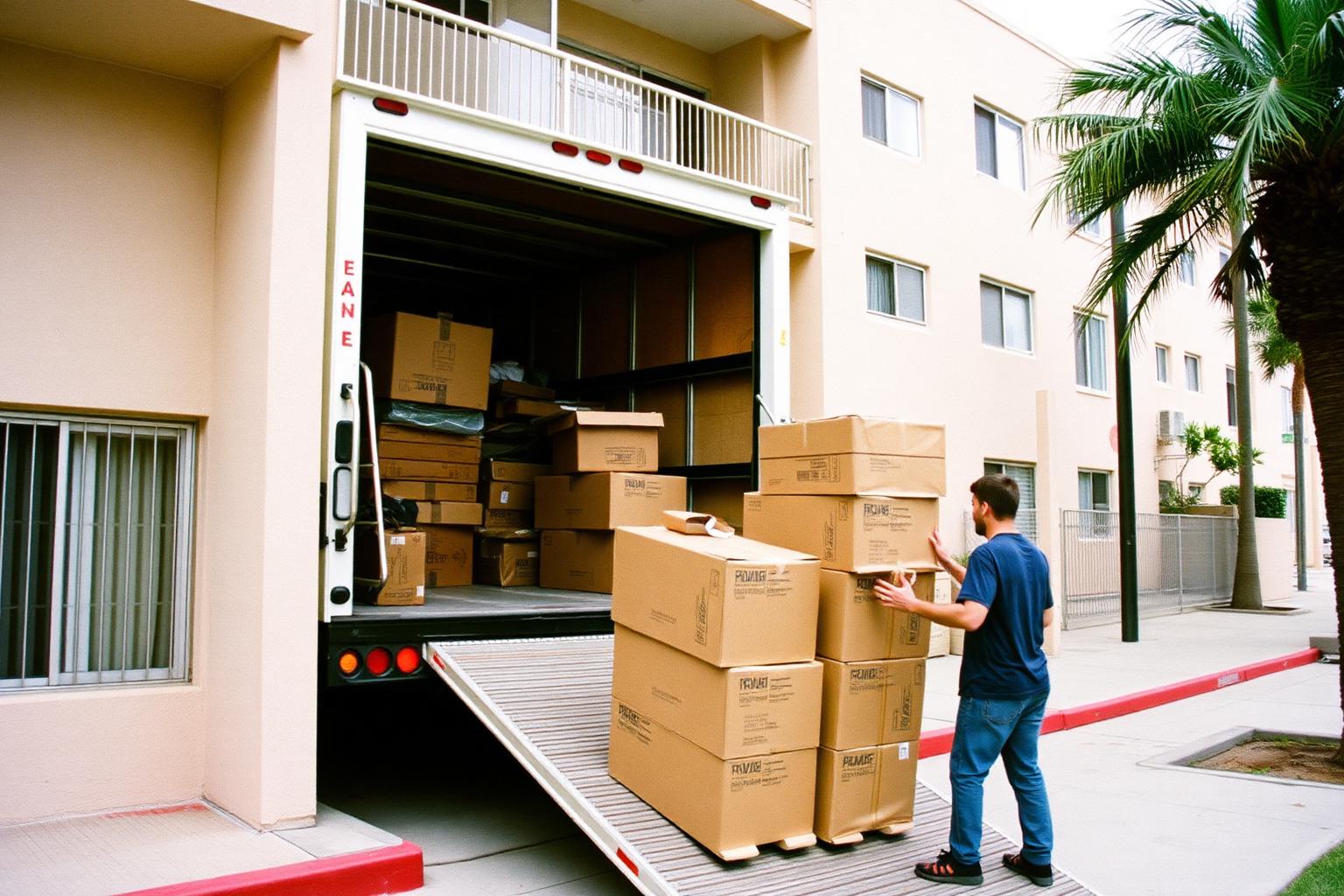 Moving truck ramp and stacked cardboard boxes outside a stucco San Diego apartment building with palm trees