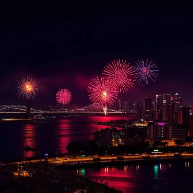 New Year's Eve fireworks over San Diego Bay with the Coronado Bridge and downtown skyline