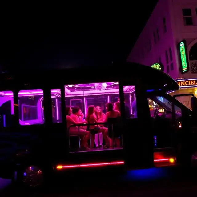 Party bus with neon lights and disco ball in Gaslamp Quarter San Diego at night