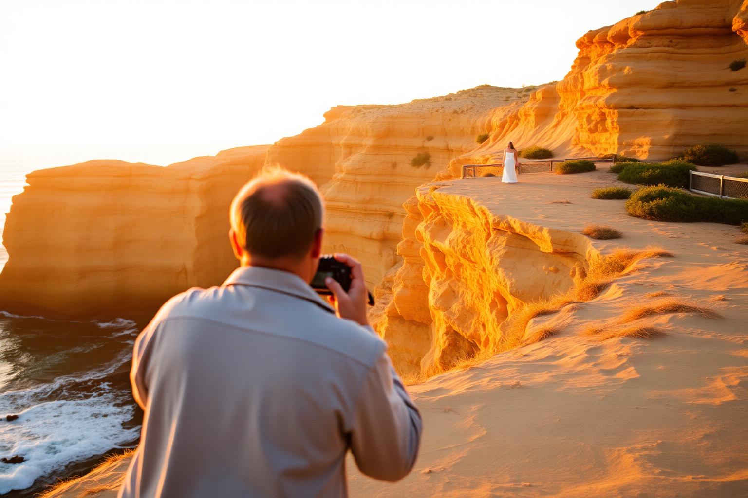 Photographer shooting a couple on a San Diego beach at golden hour