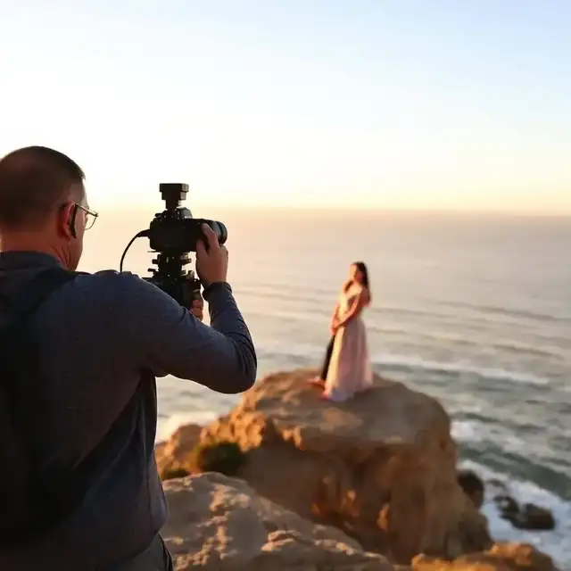 Professional photographer capturing engagement couple on Sunset Cliffs San Diego at golden hour