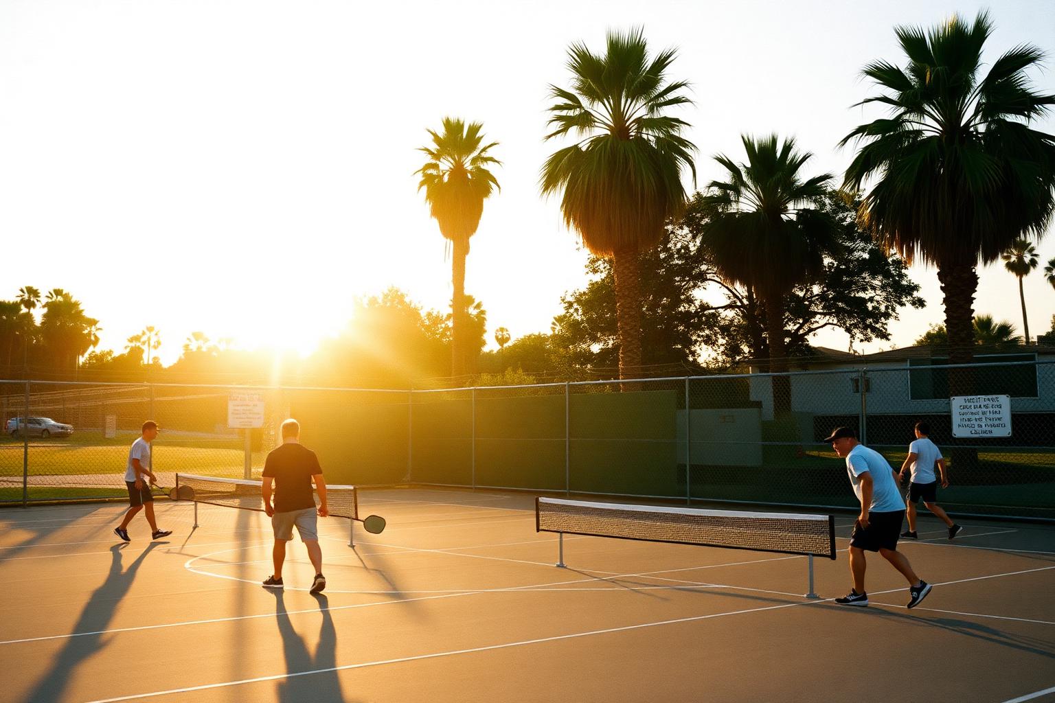 Players on outdoor public pickleball courts in San Diego at golden hour with palm trees behind the fence