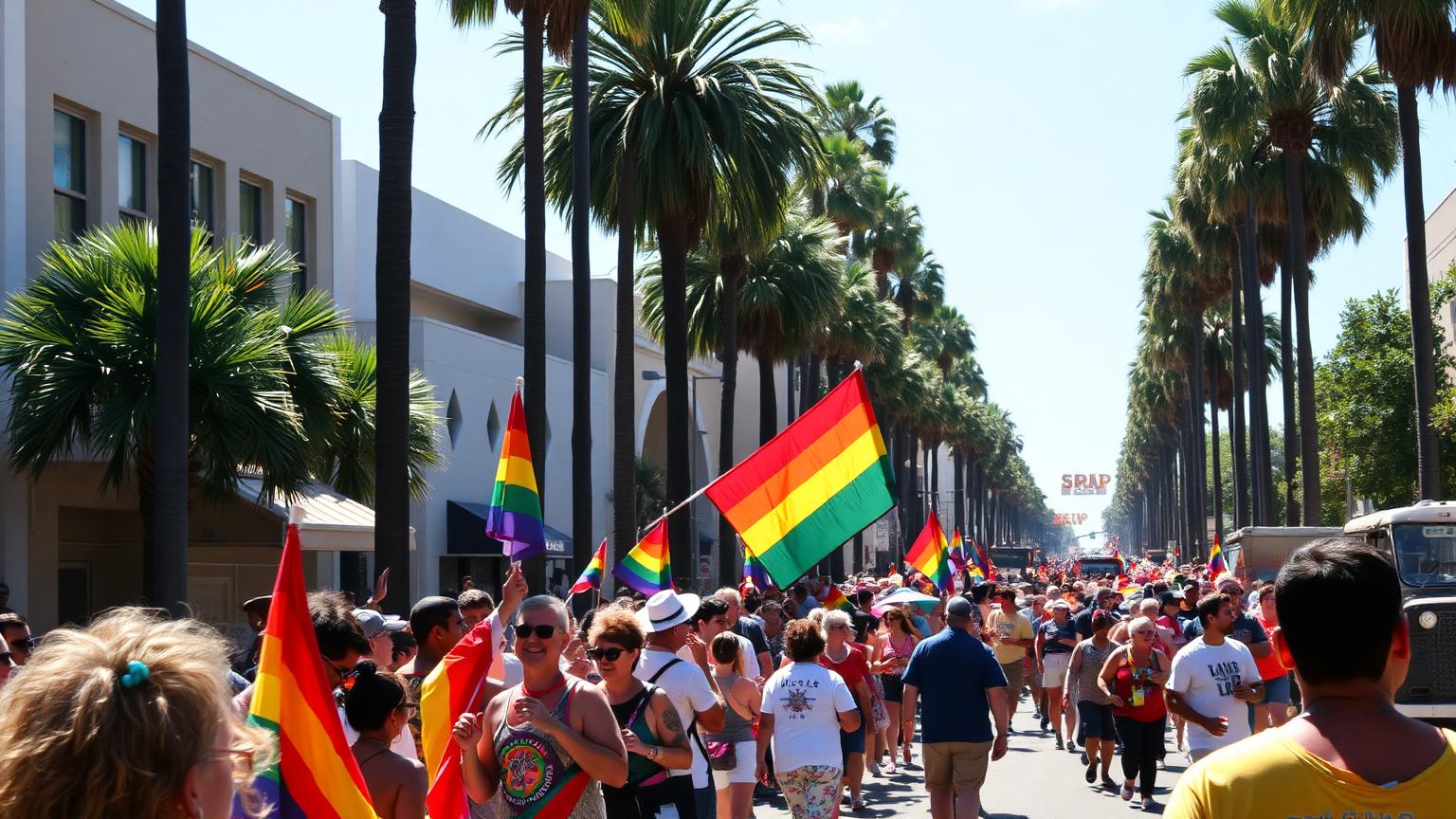 Crowds waving rainbow flags along a palm-lined Hillcrest street during the San Diego Pride parade