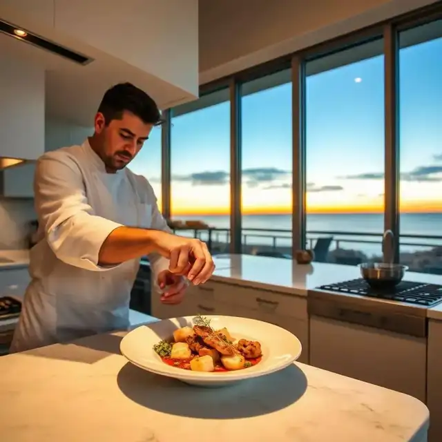 Private chef plating gourmet seafood in a modern San Diego beach house kitchen at sunset