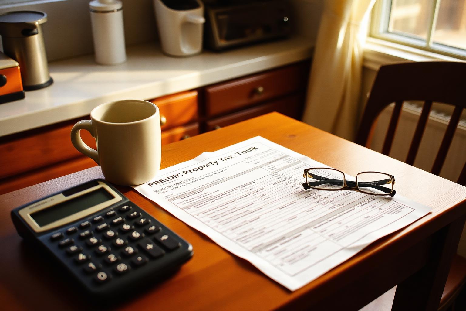 Property tax bill, calculator and reading glasses on a kitchen table in morning light